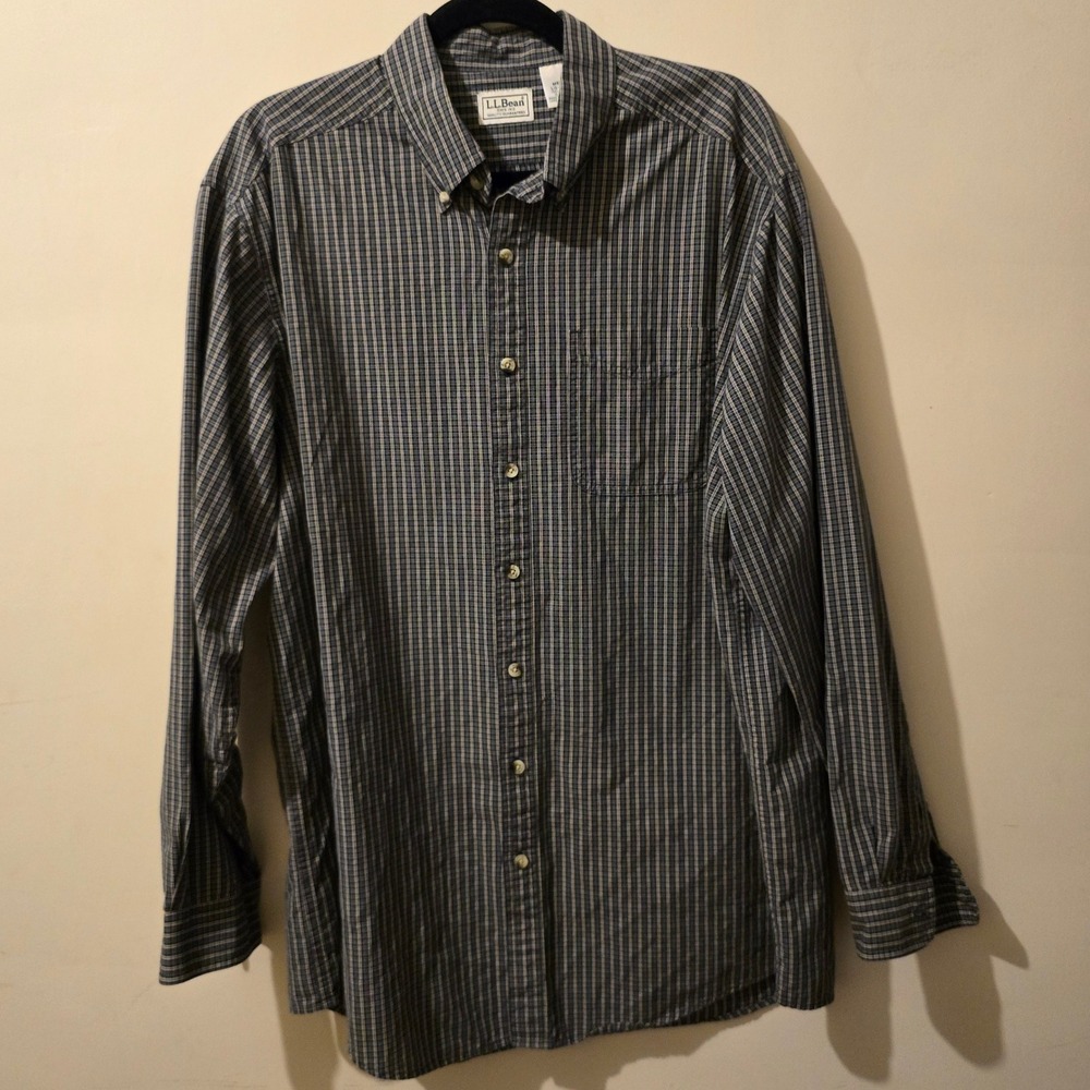 L.L. Bean Button Down Shirt Mens Large Tall Navy Green Plaid Cotton Long Sleeve